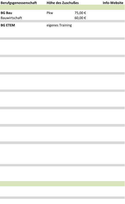 Berufgsgenossenschaft Höhe des Zuschußes Info-Website BG Bau Pkw 75,00 € Bauwirtschaft  60,00 € BG ETEM eigenes Training